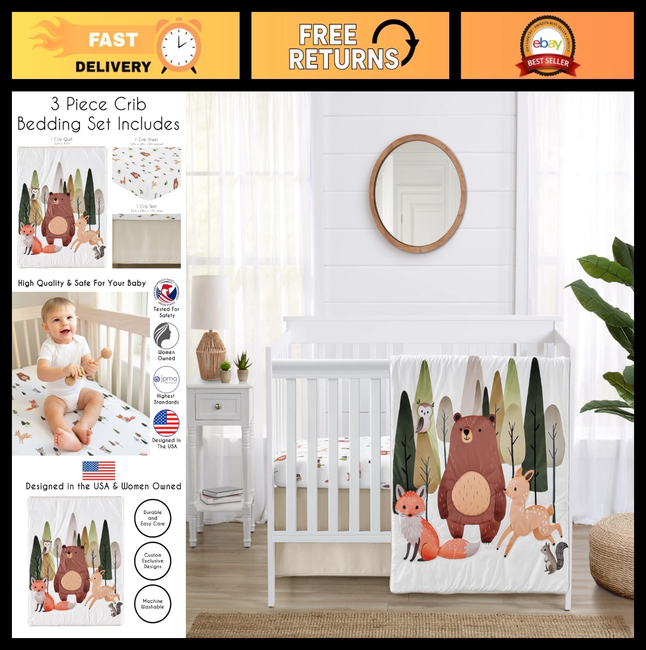 3-Piece Woodland Animals Baby Crib Bedding Set - Neutral Theme, Blanket, Sheet &