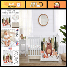 3-Piece Woodland Animals Baby Crib Bedding Set - Neutral Theme, Blanket, Sheet 