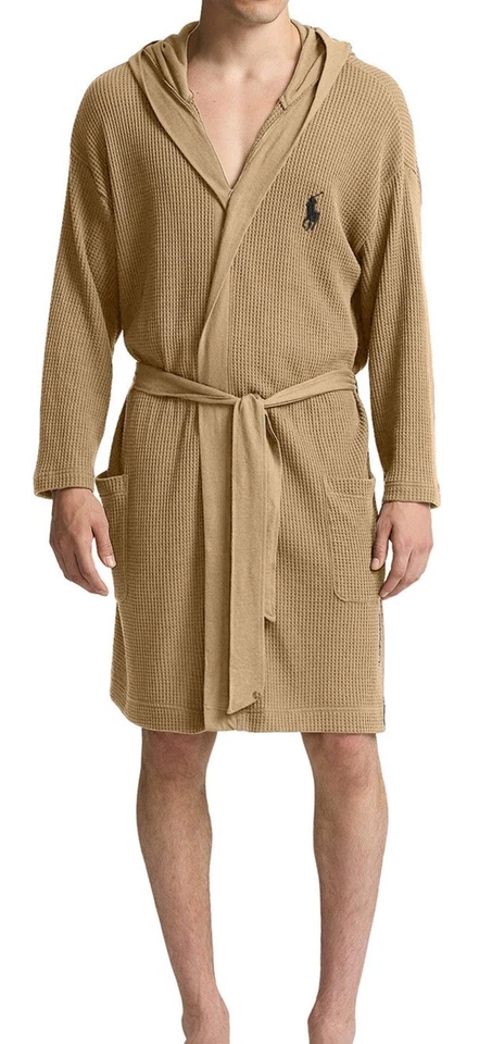 Polo Ralph Lauren Para Hombre Bata Térmica Con Capucha Tejido Gofre Cinturones Bolsillos L XL Tostado Foto 4 de 4