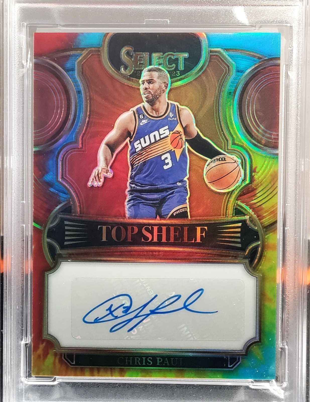 /25 Chris Paul Auto PSA 9 2022-23 Select TOP SHELF Tie-Dye Prizm Autograph SP view 2
