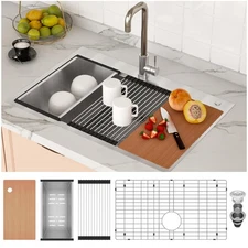 33 x 22in Drop in Kitchen Sink Top Mount Single Bowl Basin Stainless Steel Silve