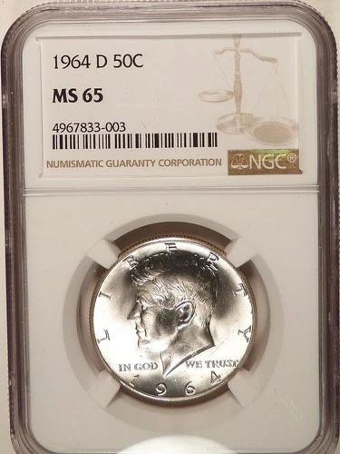 1964-D Kennedy Half Dollar NGC graded MS65,  Super Lustrous (003). 90% Silver.