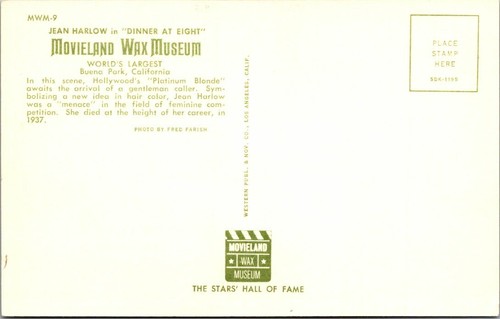 CALIFORNIA - BUENA PARK AMUSEMENT PARK JEAN HARLOW MOVIELAND WAX MUSEUM POSTCARD - Picture 2 of 2