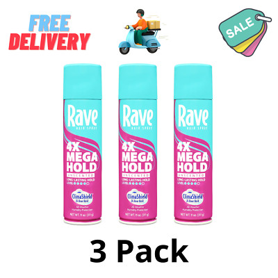 Rave 4X Mega Hold Hair Spray, All-Weather with Vitamin-Rich Formula, 11oz 3 PACK