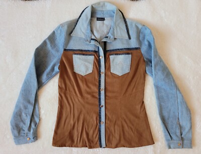 ROCCOBAROCCO Denim Tan Long Sleeve Button Down sz 12 western chic made in Italy