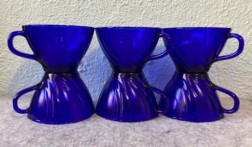 Vintage 6 pc Duralex Vereco France Cobalt Blue Glass Swirl Design Cups or Mugs