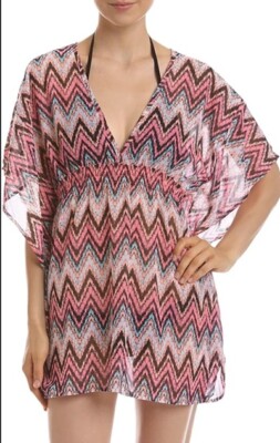Miken Chevron Print Empire Waist Swim Cover Up Dress Pink Black M ...