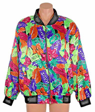 VTG 80s Stefano Worldwide Satin Jacket NEON Hip-Hop ISLANDS Bomber Floral Track