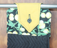 LEMON BLACK  YELLOW HAND TOWEL HANDMADE HANGING KITCHEN BLACK TERRY TOWEL