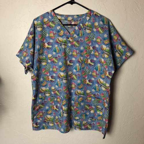 Handmade Easter Egg Scrub Top Size Small/Medium Short Sleeve Glitter Butterfly