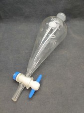 Corning Pyrex Glass 250mL Squibb Separatory Funnel #22 4mm PTFE Stpck Chips
