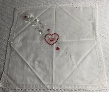 Vintage White Handkerchief Embroidered White Rose Red Heart Retro Hanky EUC