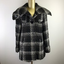 Madison Button Front Collar Black Plaid Wool Pea Coat W/lining Women's Size 8