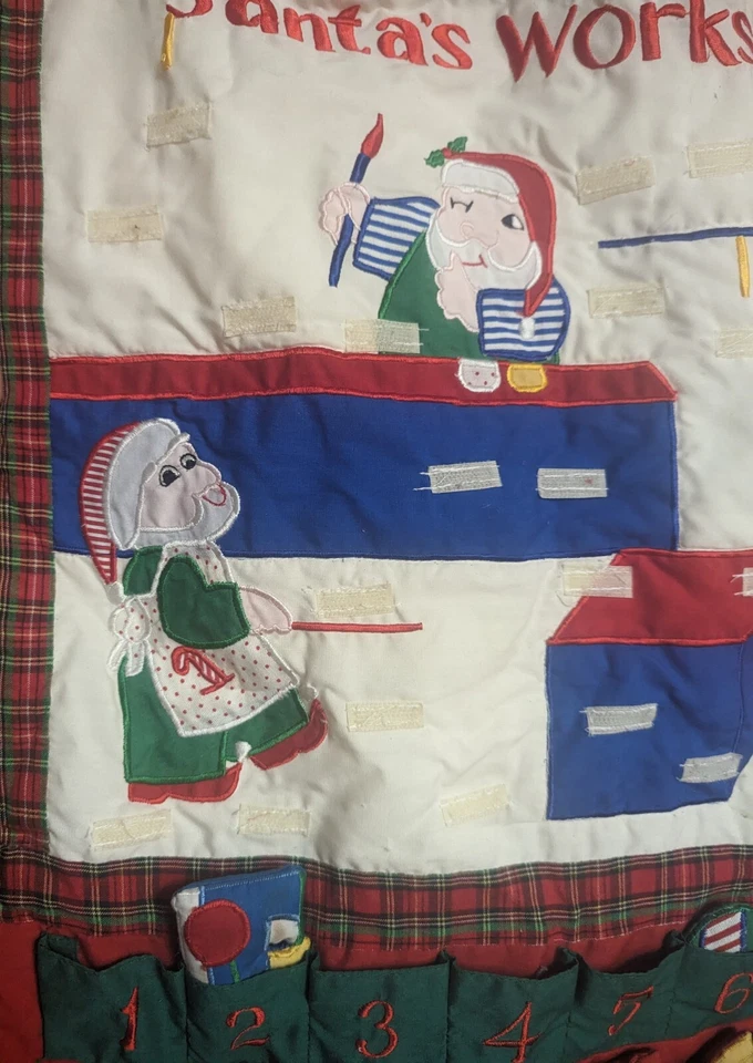Vintage Christmas Advent Calendar 24 Fabric Pockets 8 Toys Santa's Workshop - Image 3 of 4
