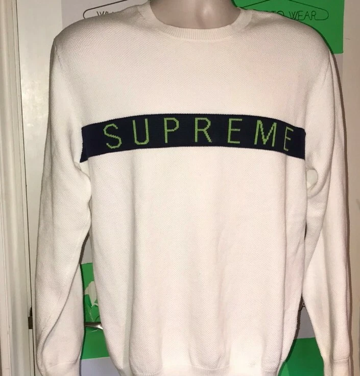Pull moyen col rond blanc rayé piqué FW16 Supreme Logo taille M 