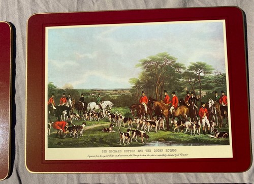 6pc Hunt Hounds Meet Clover Leaf Table Cork Placemats Red England VGUC - Picture 5 of 12