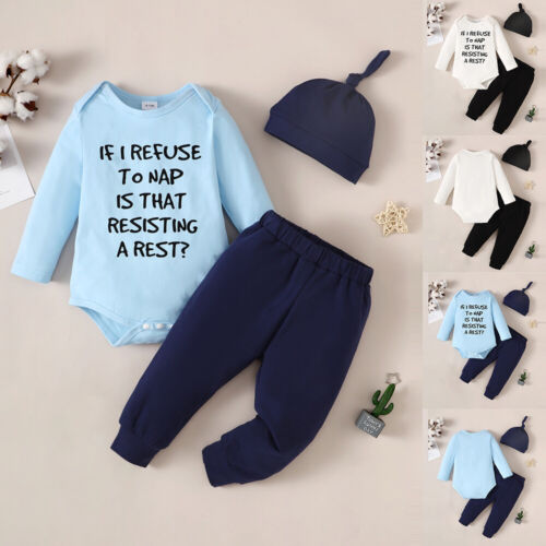 3PCS Newborn Baby Kids Boys Romper Tops Pants Trousers Hat Outfits Clothes Sets