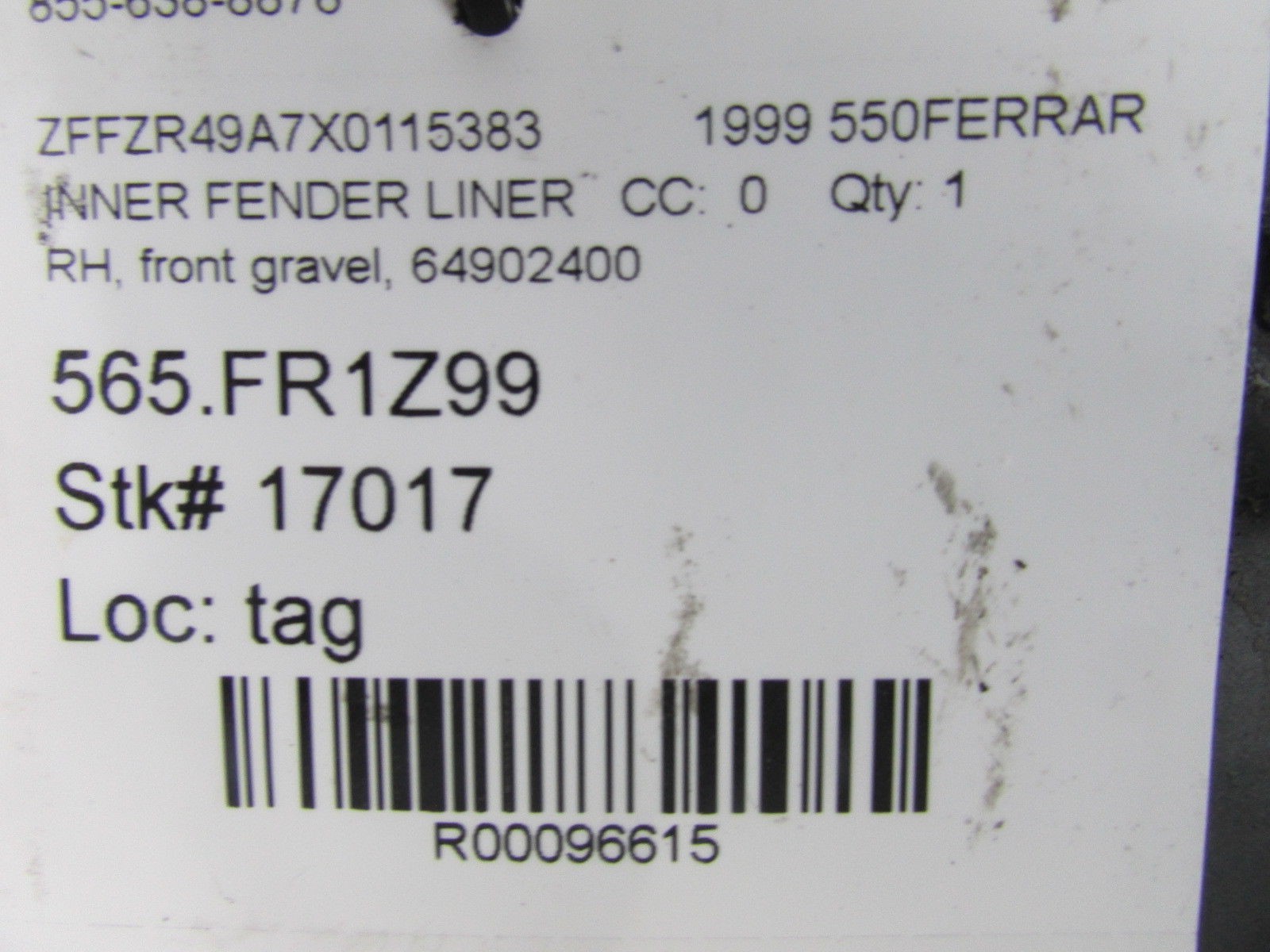 Ferrari 550, RH ,Right Front Inner Fender Liner Rear Section, Used, P/N 64902400