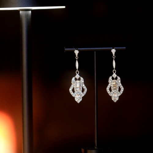 Earrings Nails Silver Art Deco Lacework White Rhinestone Great Gatsby