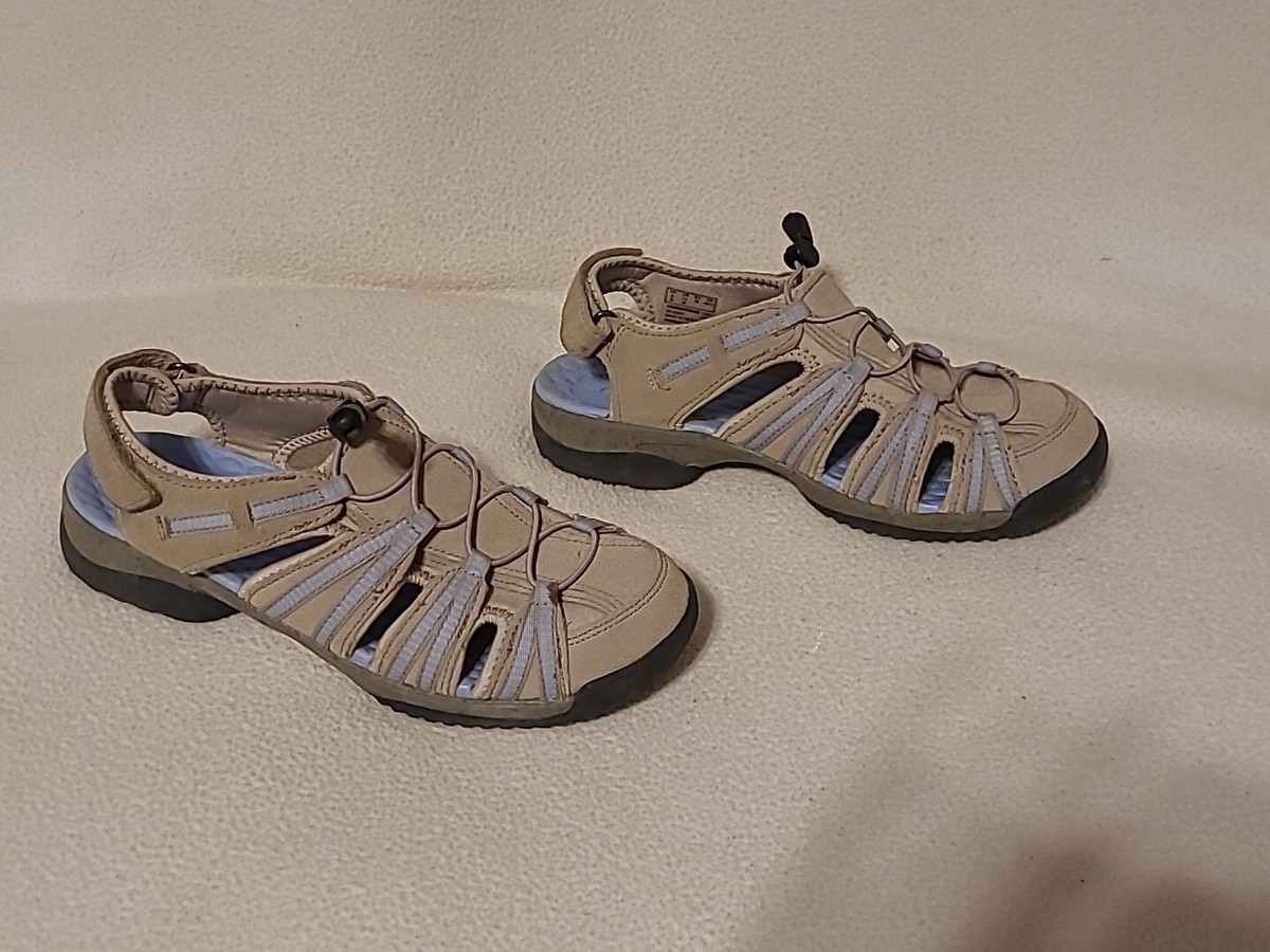 Clarks Collectiom Ladies Beige/Blue Walking/Hiking Sandals-Sz M-Good 