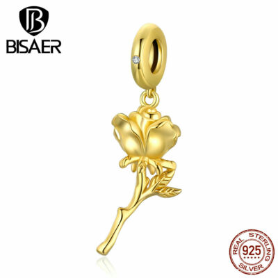 Bisae Women Authentic 925 Sterling Silver Golden rose Beads Charm Fit Bracelets