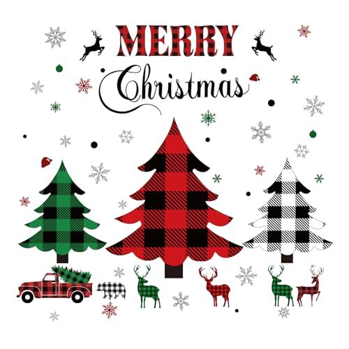 Christmas Wall Sticker Christmas Trees Window Clings Rustic Red Green Plaid
