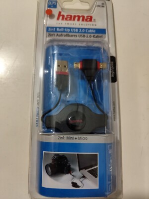 Hama 2in1 Roll-up 2.0 USB-Kabel USB-A/USB-Mini + USB-Micro M/M Schwarz 0,75m