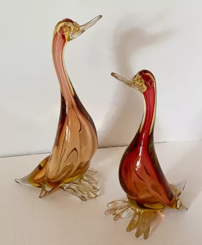 Murano Art Glass Venetian Barbini Ducks Set of 2, 12” And 9.75” Cranberry, Pink