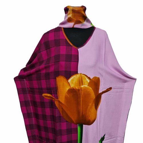 Femmes Rose Coton à Carreaux Floral Multicolore Caftan Gratuit Taille + Écharpe - Photo 7 sur 7