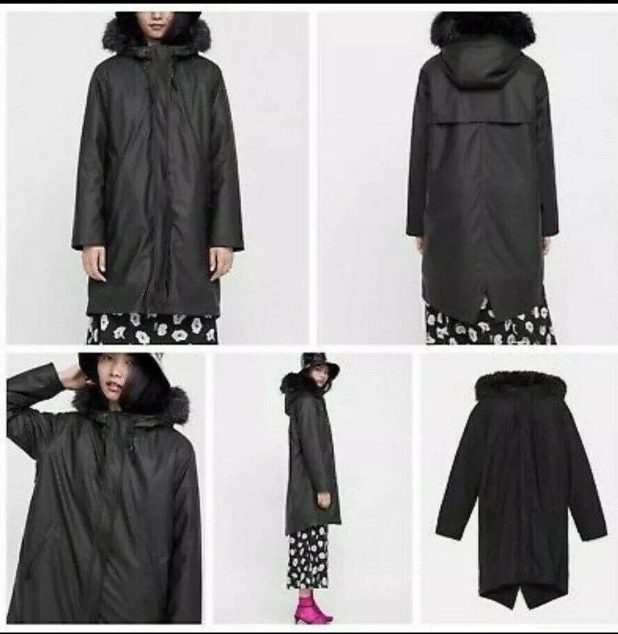 Zara Black Textured Padded Hooded Raincoat Size M UK12 Bnwt # P60M - Image 3 of 4