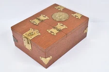 Vtg Chinese Hardwood & Brass Hinged Jewelry Box Double Happiness Symbol