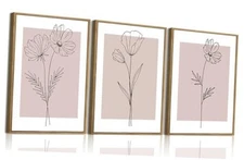  3 Piece Pink Canvas Wall Art Set,Wall Decor,Floral 12x16in Pink Flower Framed