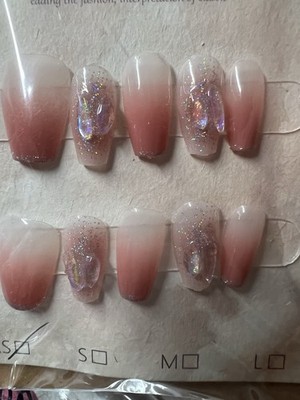 Press-On Nails Medium Coffin Pink White Glitter Ombre Full Cover Pre-Designed XS