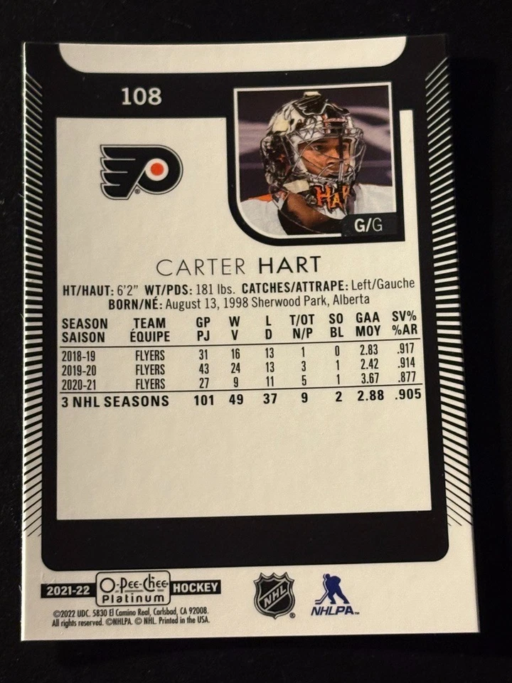 Carter Hart 2021-22 O-Pee-Chee Platinum #108 Philadelphia Flyers - Image 2 of 2