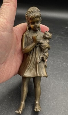 Solid Bronze Statue Girl Holding Cat Eutrope Bouret~Parts Only~Base Missing READ