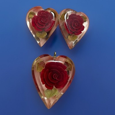 Vintage Reverse Carved Lucite Red Rose Pendant & Screw Back Earrings Set