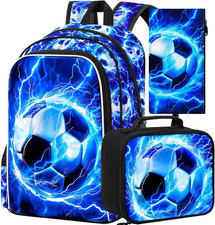 3PCS Kids Backpack, 17" Boys Football Bookbag and Lunch Box, Water Resistant Tee