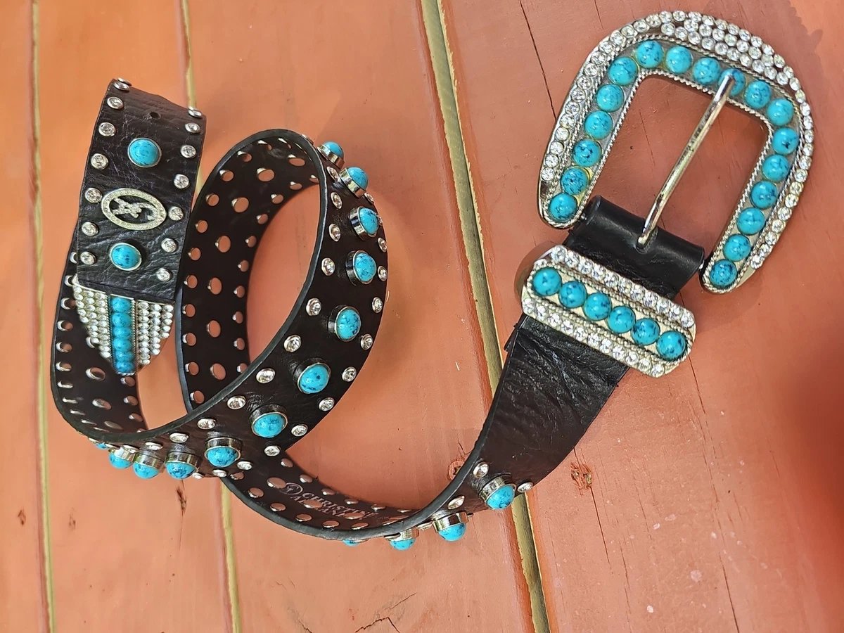 3-D Belt Womens Blue Tooled Leather Rhinestone Western Cowgirl Belt Size 32 647 Heavy Duty Brown Tooled Leather Western Belt with Blue  main image 3