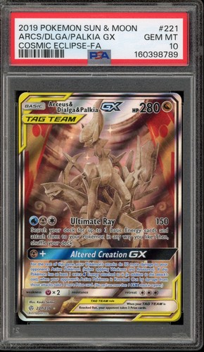 Pokemon Arceus & Dialga & Palkia Gx Cosmic Eclipse Full Art 221 PSA 10 Gem Mint