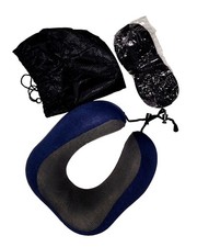 Travel Neck Pillow Memory Foam W/ Eye Mask  Ear Plugs Blue