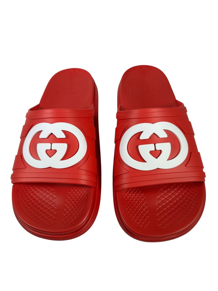 NIB Gucci Rubber Slide Sandals Red with White GG Logo UK10 