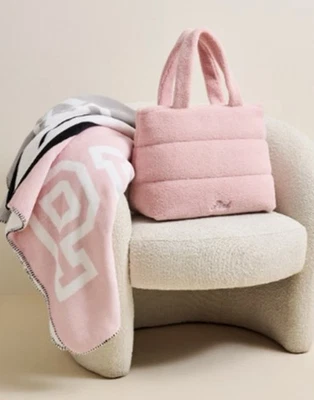 VICTORIA'S SECRET Victoria’s Secret Pink Fur Fuzzy Tote And Fleece Sherpa Blanket Set Grey Pink