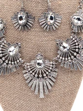 Art Deco Style Silver Tone and Large Rhinestone Statement Necklace & Earring Set