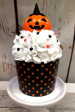 Cute Jack O Lantern Pumpkin Halloween Fake Bake Whipped Cream CUPCAKE Tray Decor