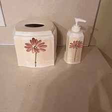 Tissue Box And Soap Pump Bottle Handpainted Floral Set