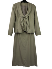 Women's Skirt Suit Size 14 Khaki Green Vintage 80s Retro Pencil Midi Peplum Used