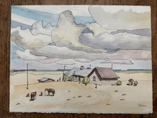 F L GIBBON "TRADING  POST" VINTAGE WATERCOLOR ON PAPER 1970'S 11" X 15"
