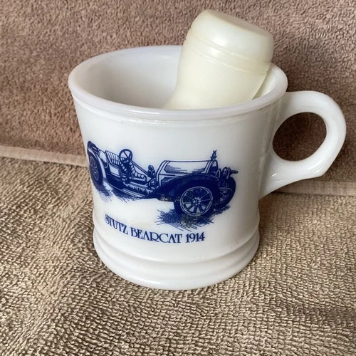 Vintage milk glass Surry Stutz Bearcat 1914 coffee mug/cup with shaving brush