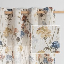 Floral Linen Curtains 84 inch Length 2 Panels Set Flower Patterned Semi Sheer...
