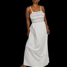Vintage Eve Stillman Cotton Nightgown Large White Lace Maxi Slip Dress Gown Slit